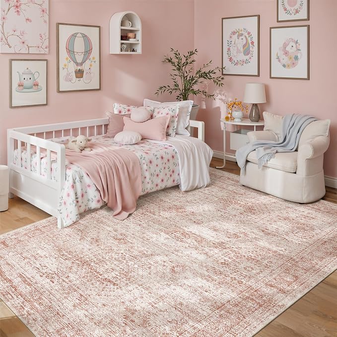 Soalmost 6x9 Area Rug for Living Room Washable Non-Slip Modern Rugs for Bedroom Dining Room Ultra-Thin Indoor Pink Rug