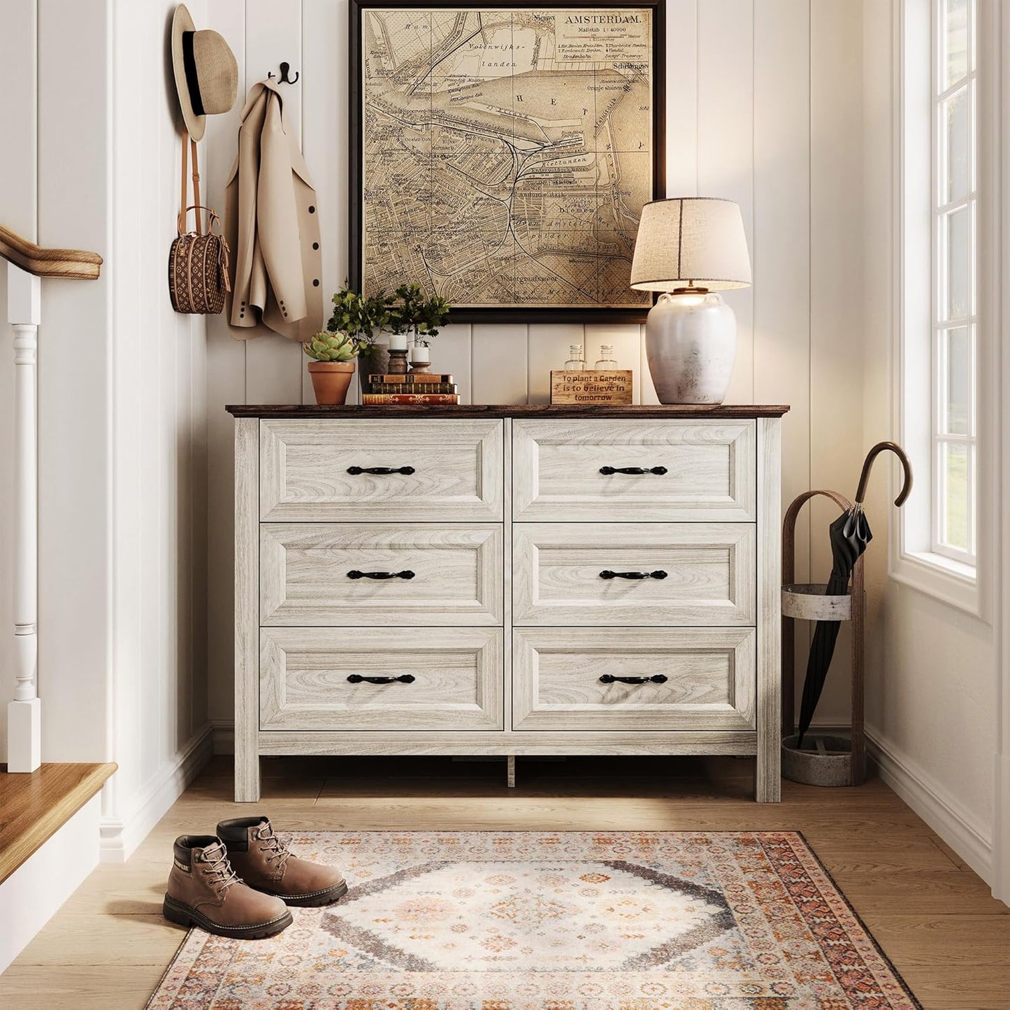 LINSY HOME Farmhouse 6 Drawers Dresser, White Wood Dresser for Bedroom Wide Chest of Drawers, French Country Storage Double Dressers Organizer for Bedroom, Living Room