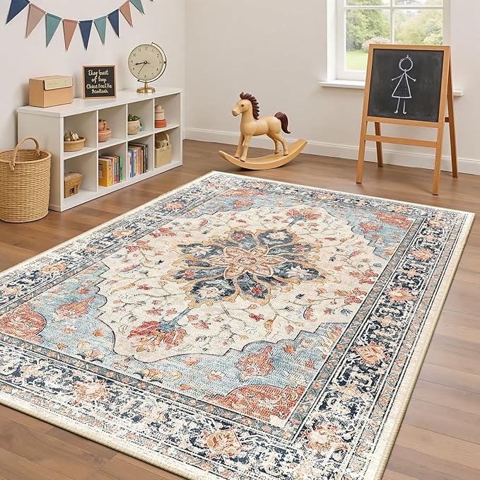 RELEANY Area Rugs 4'x6' Washable Non-Slip, Floral Vintage Distress Print Pattern Medallion Carpet for Living Room Bedroom Dining Room, Beige Navy Blue Orange Colorful