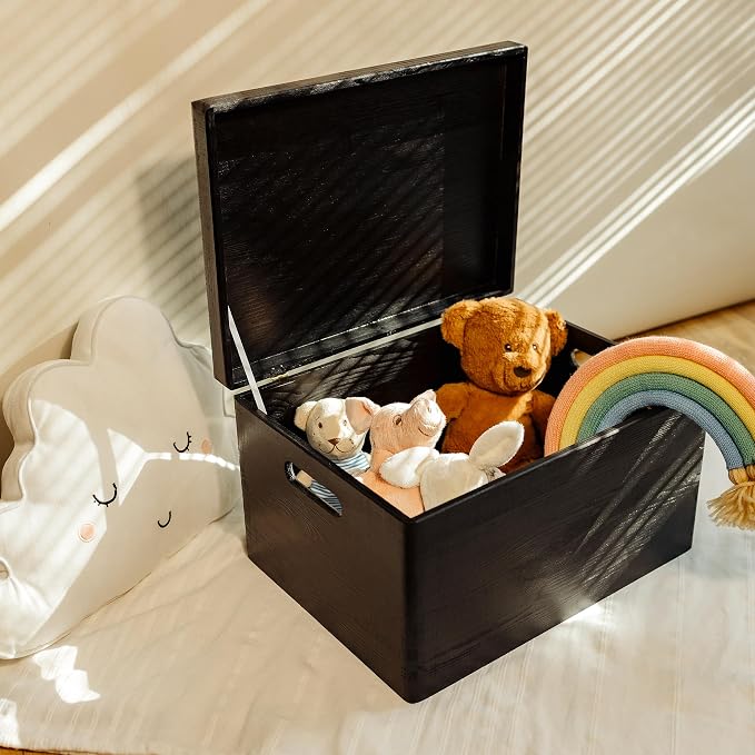 Creative Deco Large Black Wooden Box Storage with Hinged Lid | 15.8x11.8x9.44in (+-0.5) | Keepsake Gift Box Storage Document | Wood Chest Trunk PRODUCT NOT INTENDED FOR 15 YEARS OR BELOW | Solid pine storage box with a lid for keepsakes, crafts, statio...