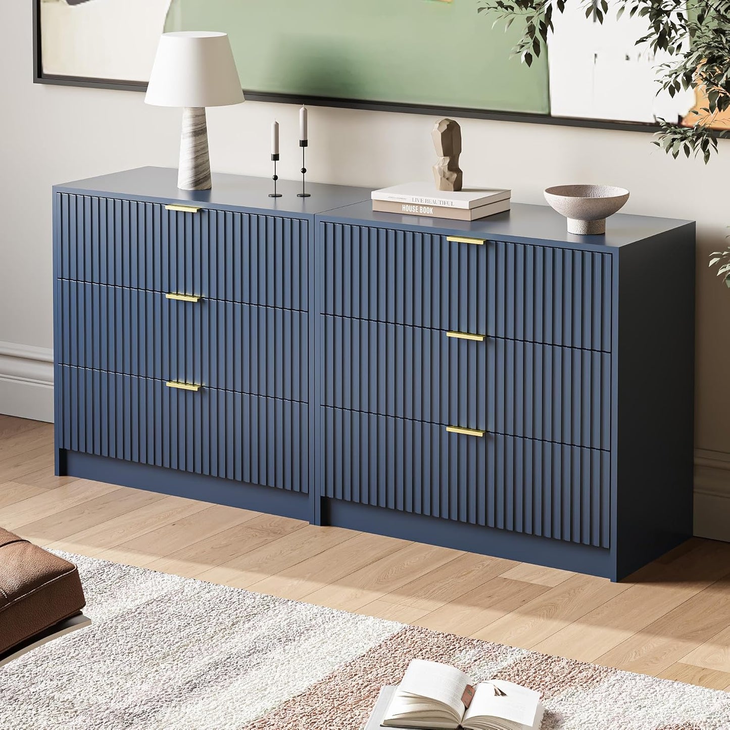 Fluted Dresser for Bedroom, 32 Inch Wide Nightstand with Large Drawer, 3 Drawer End Table for Bedroom, Living Rooms, Offices, and Entryways, Navy Blue