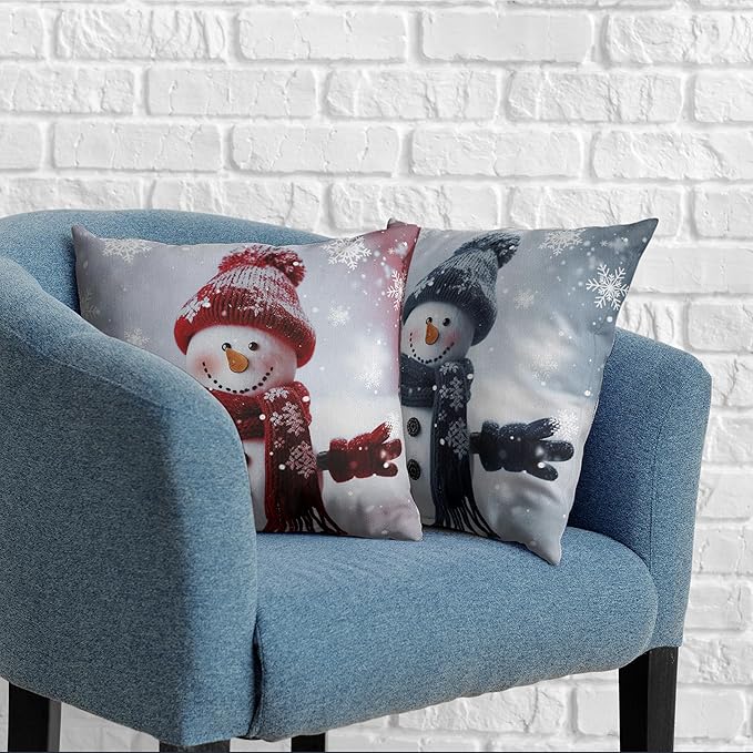 Red and Blue Snowman Pillow Covers Set of 2 Winter Holiday Throw Pillow Covers 20x20 for Christmas Decorations Living Room Sofa Cotton Linen Pillow Case