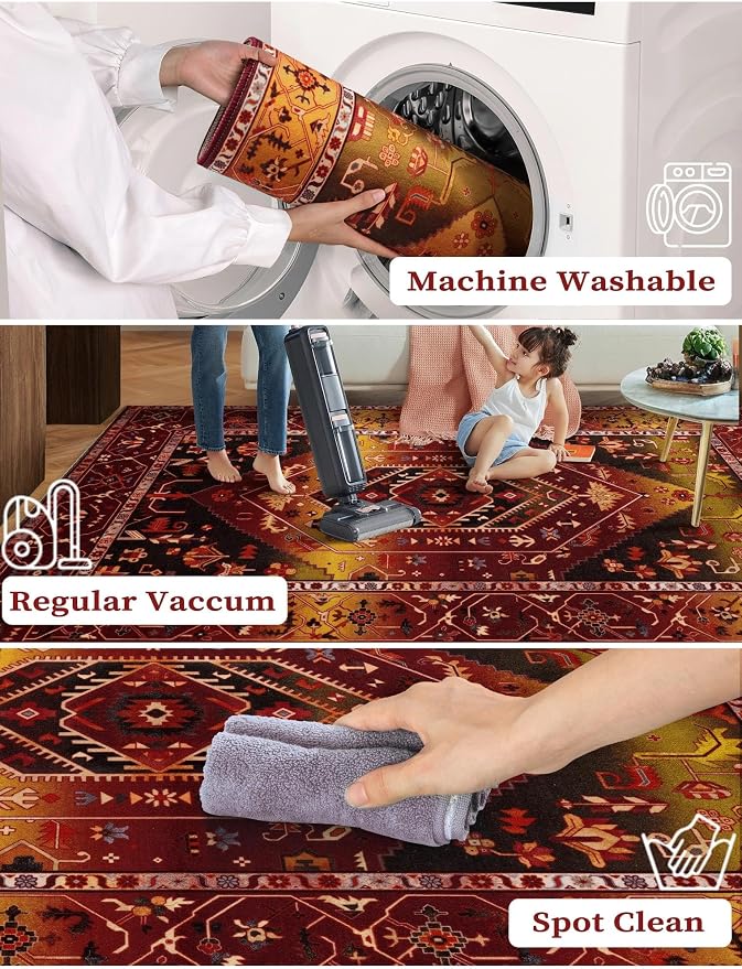 SERISSA Runner Rug for Hallways, 2'6"x8' Washable Non Slip Kitchen Runner Rug, Long Boho Rug Vintage Rustic Red Gold Hallway Stair Ultra Soft Print Floor Carpet for Bedroom Bathroom Laundry Room