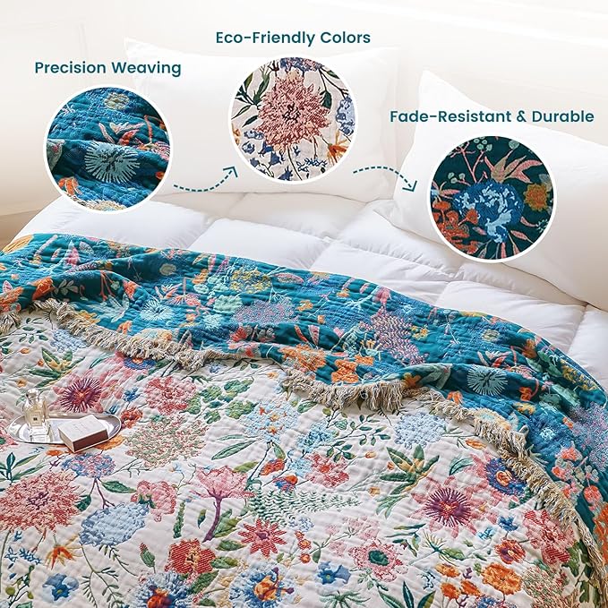 MSGKV Boho Throw Blanket 60"x80" Bed Floral 100% Cotton Blanket Summer Breathable Lightweight Farmhouse Twin Size Couch Blankets Home Decor Muslin Guaze All Seasons