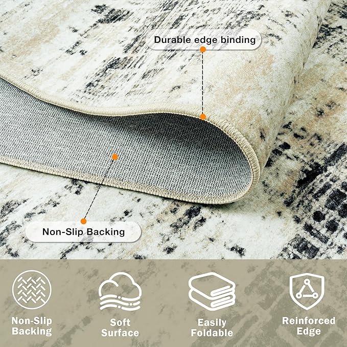 6x9 Area Rugs for Living Room Washable Rug: Anti-Skid Abstract Modern Living Room Rug Soft Thin Carpets Indoor Floor Non-Shedding Carpet for Bedroom Dining Farmhouse Nursery Black Gray Gold