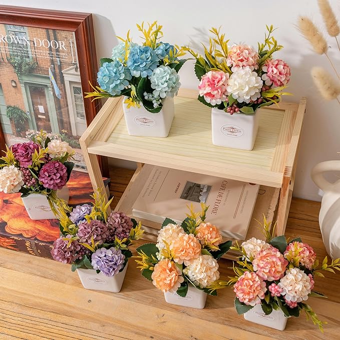 6Pcs Artificial Flowers with Ceramic Pot Small Fake Hydrangea Flowers Arrangements Faux Spring Flowers in Vase Home Spring Decor, Centerpiece Table Decorations for Farmhouse Office Shelf Dining Table