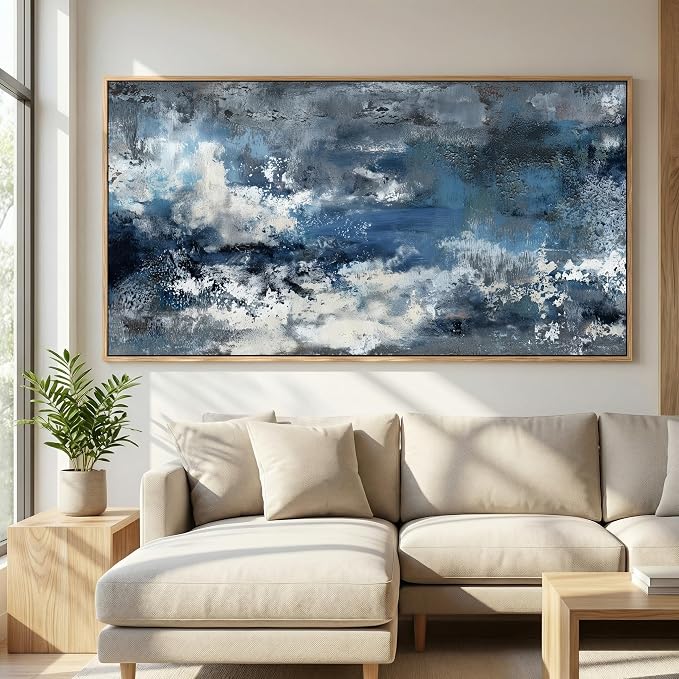 The Mode Art Framed Wall Art Abstract Ocean Canvas Pictures Blue White Grey Modern Seascape Artwork for Living Room Bedroom Office 20x40inch