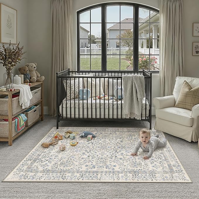 PureCozy 3x5 Blue Area Rug for Entryway Washable Vintage Floral Carpet Low Pile Non Slip Botanical Aesthetic Soft Accent Throw Rug Entrance Kitchen Bedroom Nursery Office Indoor