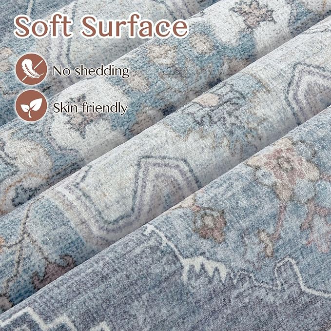 Tortania Area Rug Living Room Rugs - 3x5 Washable Rug Vintage Oriental Distressed Farmhouse Small Thin Indoor Carpet for Living Room Bedroom Under Dining Table Home Office - Blue