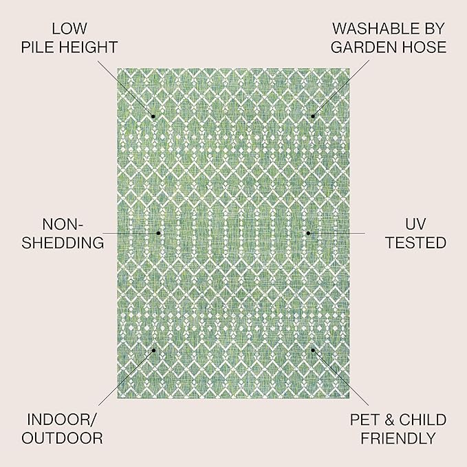 JONATHAN Y Moroccan Geometric Indoor Outdoor Area Rug 8X10 Green/Cream, Ourika Textured Weave for Backyard, Patio, Porch, Easy-Cleaning, High Traffic, Pet-Friendly, Non-Shedding (SMB108L-8)