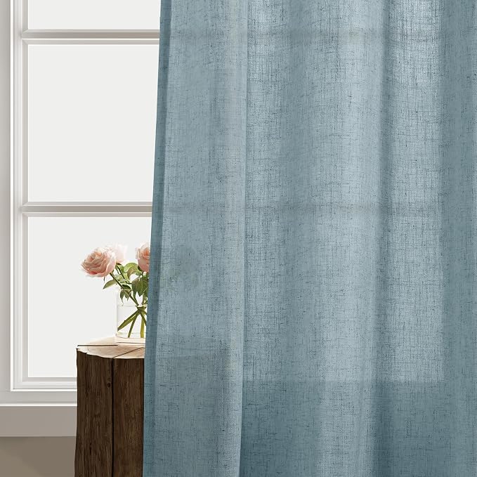 Extra Long Dusty Blue Semi Sheer Curtain 120 Inches Long 2 Panels for Living Room Light Filtering Ceiling Floor Linen Drapes Stone Blue Semi Sheer Grommet Sliding Door Curtain 120 Inch Length 10 FT