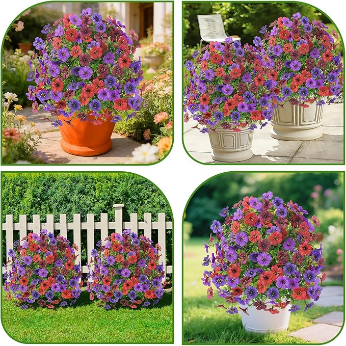 Alupssuc 2Pcs 20" Artificial Topiary Ball Flowers, Spring Outdoor Decoration with Spike, UV Resistant Faux Summer Plants, Faux Bushes Plants, Red Brown Purple Deep Purple for Garden, Porch Decor