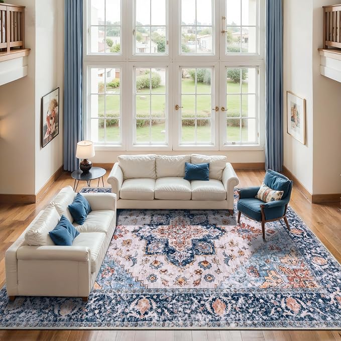 SERISSA 10x12 Area Rugs for Living Room, Large Washable Non-Slip Boho Rug, Ultra Soft Vintage Oriental Blue Orange Print Distressed Carpet for Dining Room Bedroom Office Home Decor