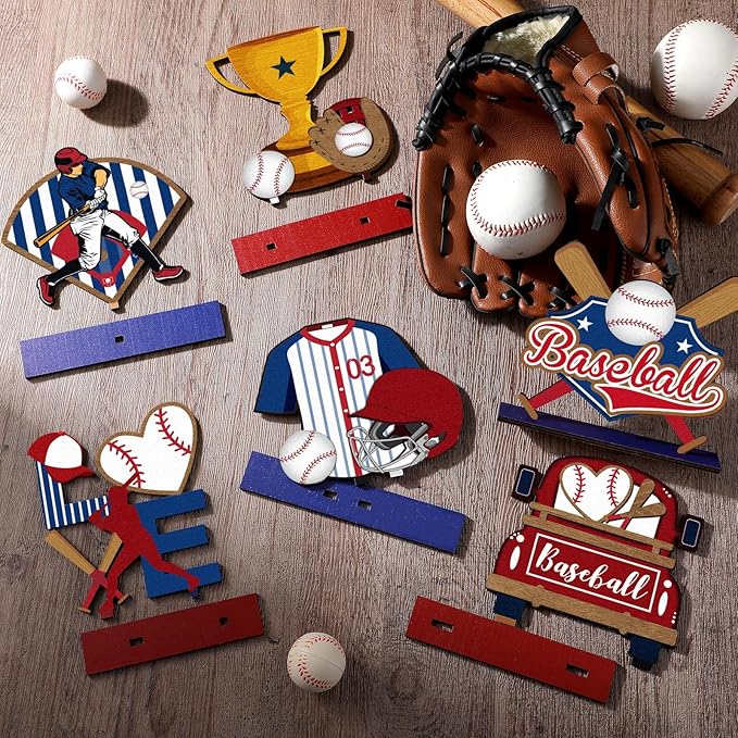 Cinnvoice 6 Pcs Baseball Table Decorations Wooden Table Centerpieces Rustic Wood Tabletop Sign Decorations for Home Kitchen Office Farmhouse Desk Shelves Party Tiered Tray Decor