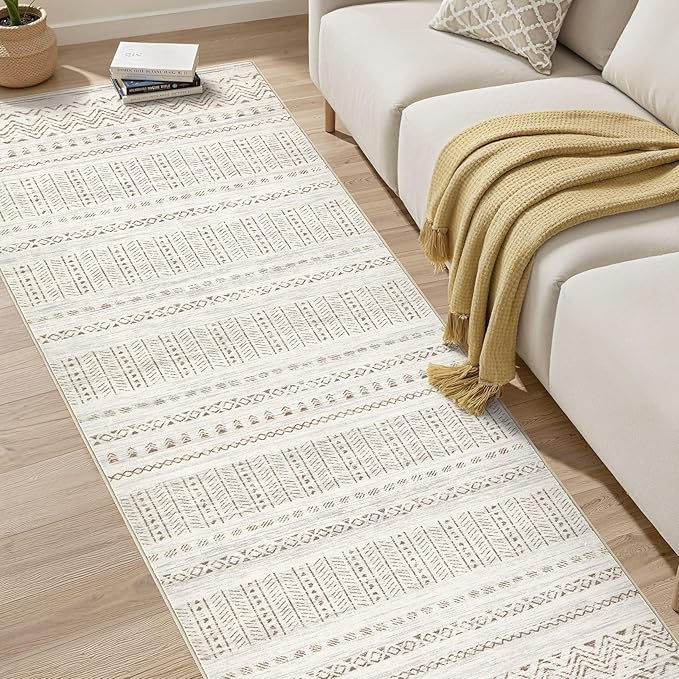 cotiled Washable 3x8 Runner Rugs: Washable Boho Rugs with Non Slip Backing Large Soft Indoor Stain Resistant Carpet for Living Room Bedroom Farmhouse Dining Room Lightweight Home Decor Brown/Cream