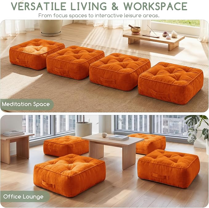 HIGOGOGO 8" Extra Thick Floor Pillow Cushion for Adults, Meditation Cushion Pillow with Handle, Lustrous Chenille Tufted, Square Floor Sitting for Tatami Living Room or Yoga, 22x22 Inch, Orange