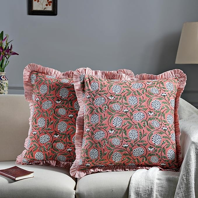 Ridhi Block Print Dark Salmon Pink Throw Pillow Cover 24" x 24" (Pack of 2) Decorative Cushion Covers with Ruffle for Couch, Sofa, Bed, Living Room, Home Decor Gift for Spring, Easter, Valentine