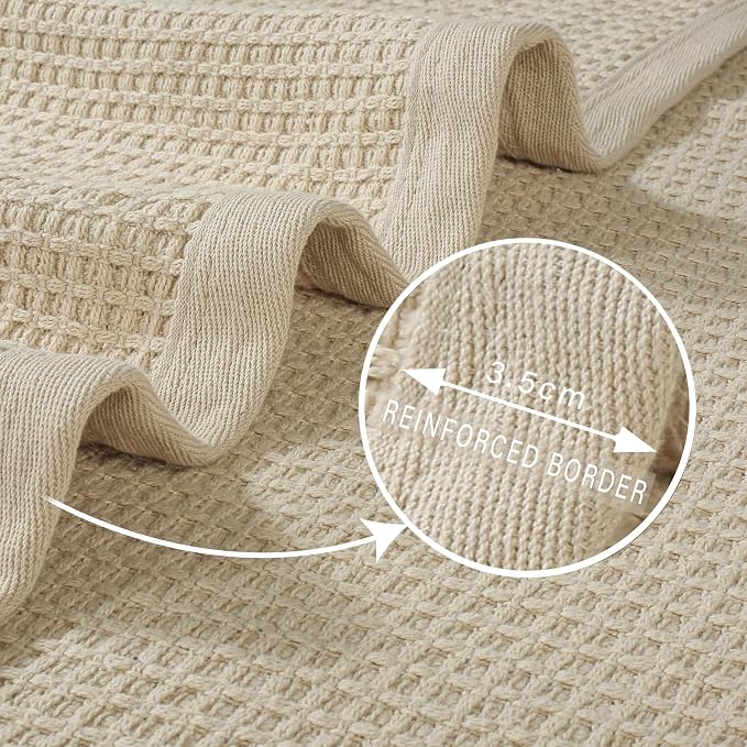 TreeWool Premium 100% Cotton Waffle Queen Blanket (90"x90", Beige) | Breathable Lightweight Moisture Wicking Soft Knit Thermal Blanket for Summer, Bed or Sofa All-season Comfort Machine Washable