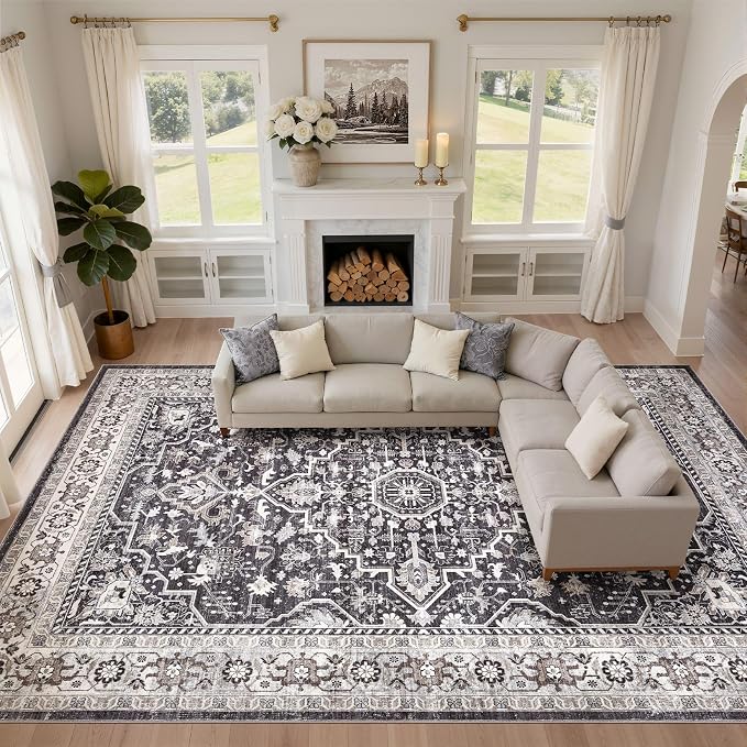 Black Rug Living Room Rugs: 10x13 Washable Boho Large Vintage Moody Soft Distressed Oriental Stain Resistant Non-Slip Indoor Floor Carpet for Bedroom Playroom Office Dining Room Retro Home House