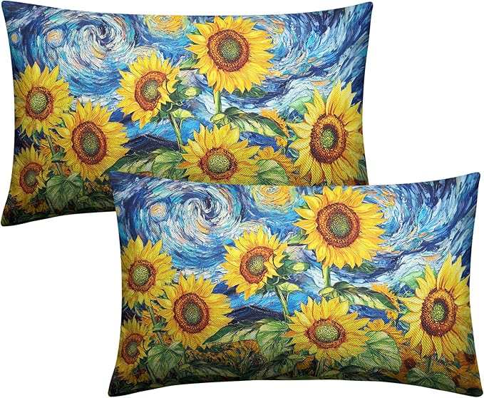Sunflower Lumbar Pillow Covers 12x20 Set of 2 Van Gogh Starry Night Throw Pillow Covers Oil Painting Sunflowers Pillow Case Spring Summer Cotton Linen Cushion Case for Sofa Garden Patio