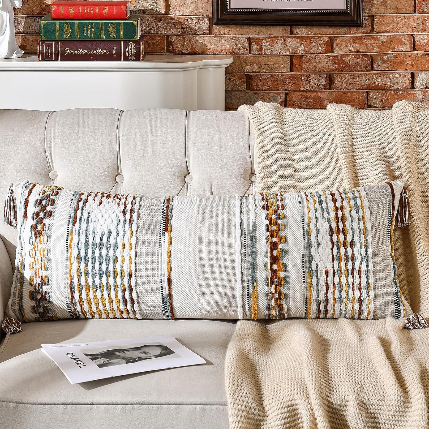 AmHoo Chenille Striped Textured Boho Throw Pillow Covers Aesthetic with Tassels Woven Decorative Pillow Case for Couch Bed Sofa Bedroom Modern Funky 14 x 36-Inch Brown