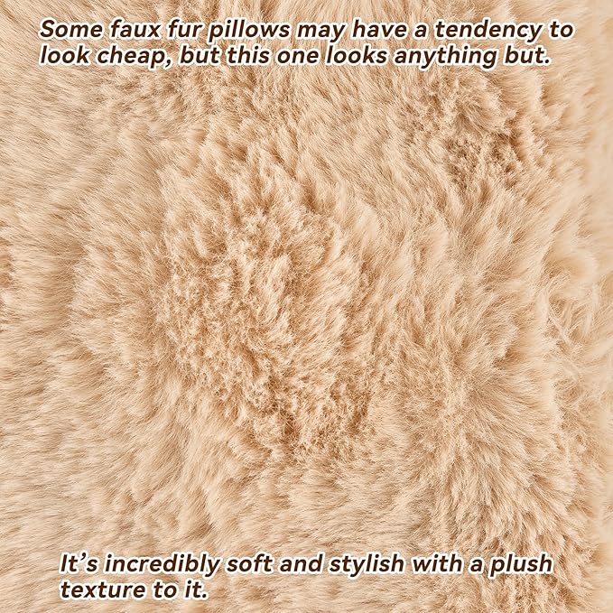 AmHoo Pack of 2 Throw Pillow Covers 3D Dense Faux Rabbit Fur Cozy Super Soft Fuzzy Set Case Cushion for Couch Sofa Bedroom 16 x 16-Inch Camel