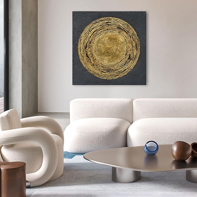 30x30 inch Hand-Painted Gold and Black Texture Abstract Art Modern Home Office Wall Decorative Art