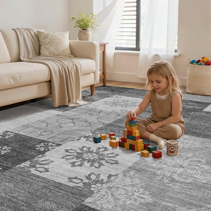 UERMEI 9x12 Area Rug for Living Room - Washable Vintage Carpet, Non-Slip Soft Large Indoor Floor Rugs for Bedroom Home Office & Under Dining Table Decor, Gray Block