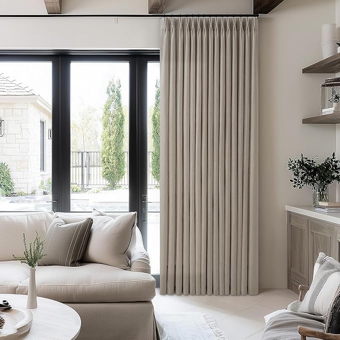 Pinch Pleated Linen 96 Inch Curtains 60 Inch Width for Living Room Divider Light Filtering Thick Burlywood Birch Linen Extra Wide Patio Curtains for Sliding Door Floor to Ceiling Window 1 Panel