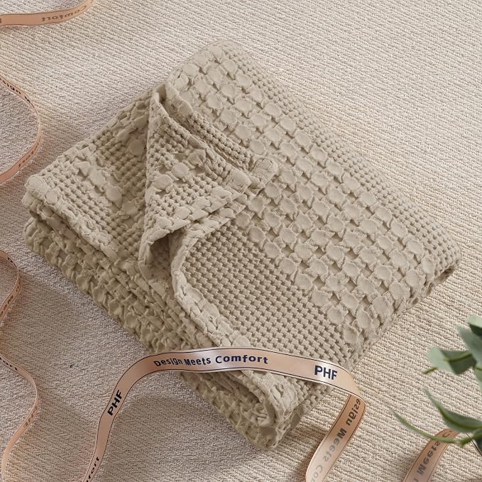 PHF 100% Cotton Waffle Throw Blanket for Couch, Lightweight Breathable and Soft for Summer, Luxury Aesthetic Waffle Weave Blanket for Home Decor & Office, Gifts for Women, 50"x60", Taupe