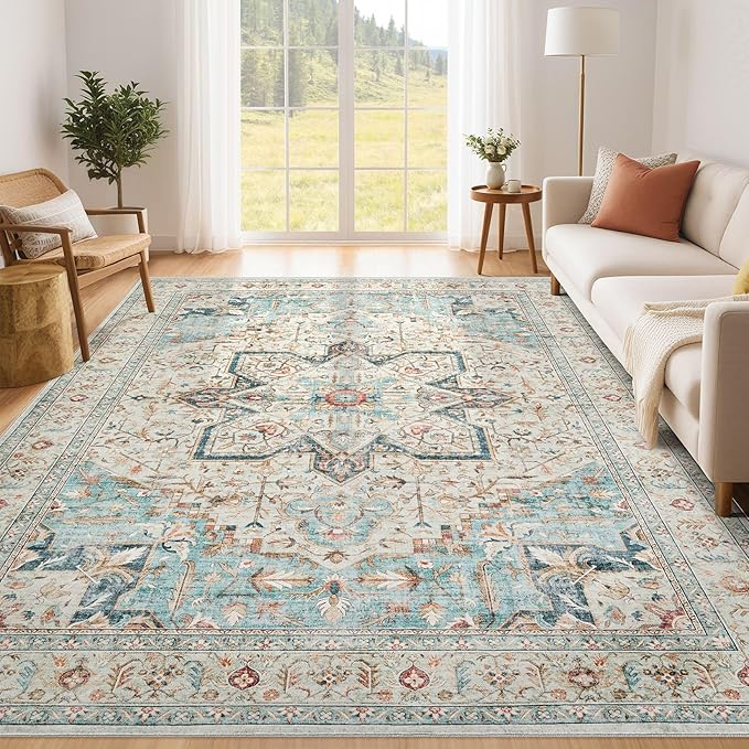 Tortania Area Rug Living Room Rugs - 5x7 Washable Boho Rug Vintage Oriental Distressed Farmhouse Large Thin Indoor Carpet for Living Room Bedroom Under Dining Table Home Office - Aqua Multi