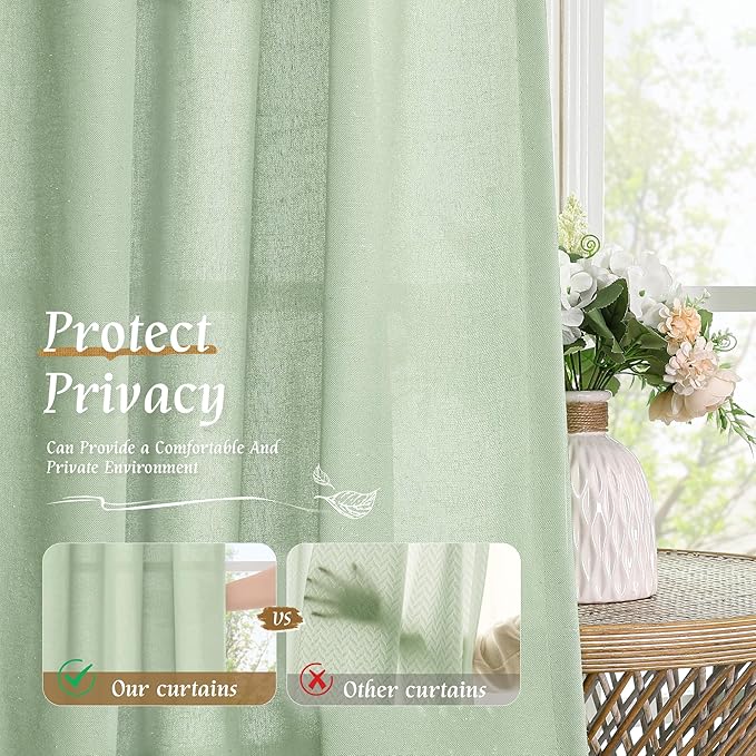 LAMIT Linen Curtains 84 inches for Bedroom, Faux Linen Textured Light Filtering Drapes Rod Pocket Boho Semi Sheer Panels for Farmhouse/Living Room, 2 Panels, 52 x 84 Inch, Light Green