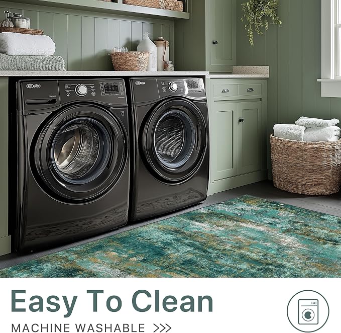 BEIMO Machine Washable Rug 9x12 Area Rugs for Living Room Bedroom, Large Turquoise Abstract Area Rug Soft Throw Rugs, Low-Pile Floor Carpet with Non Slip Rubber Backing