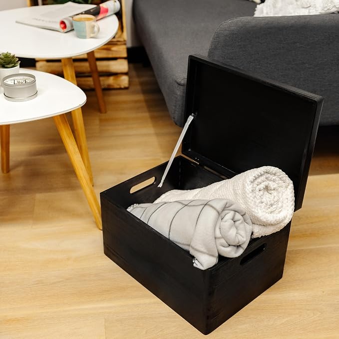 Creative Deco Large Black Wooden Box Storage with Hinged Lid | 15.8x11.8x9.44in (+-0.5) | Keepsake Gift Box Storage Document | Wood Chest Trunk PRODUCT NOT INTENDED FOR 15 YEARS OR BELOW | Solid pine storage box with a lid for keepsakes, crafts, statio...