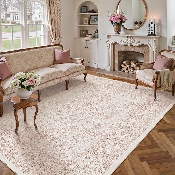 PureCozy Pink Area Rug 6x9 Machine Washable Vintage Living Room Distressed Non Slip Carpet Traditional Indoor Bedroom Retro Floral Accent Throw Large Rug for Office Kitchen Dining Room
