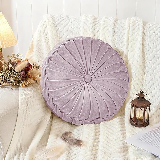 ROSE&RISY Round Pleated Velvet Throw Pillow, 1 Pack Decorative Accent Pumpkin Pillow Cushion for Couch Sofa Bed, Soft Plush Retro Vanity Throw Pillows for Home Decor, 14.5 Inch, Lavender
