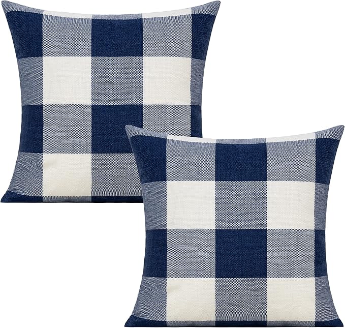 VAKADO 24x24 inch Set of 2 Navy Blue White Buffalo Plaids Throw Pillow Covers Outdoor Farmhouse Retro Decorative Check Cushion Cases Home Decor for Couch Patio Porch Sofa Furniture, Dark Blue