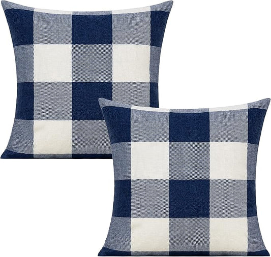 VAKADO Outdoor Blue Throw Pillow Covers 18x18 Set of 2 Buffalo Plaids Check Summer Front Porch Decorative Gingham Cushion Cases Home Decor Farmhouse for Patio Furniture Couch Bed Sofa,Navy Blue White