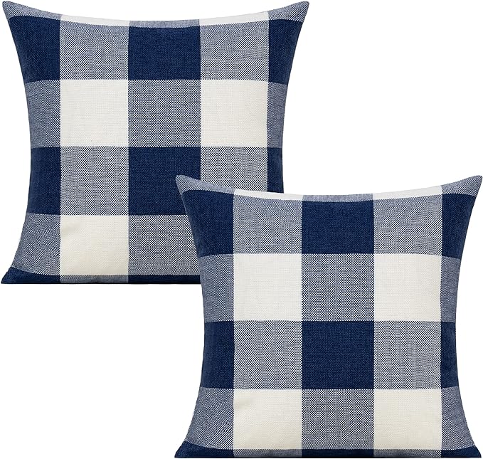 VAKADO Navy Blue White Outdoor Buffalo Plaids Throw Pillow Covers Farmhouse Retro Decorative Dark Blue Check Cushion Cases Home Decor for Patio Couch Porch Sofa Furniture 26x26 Set of 2