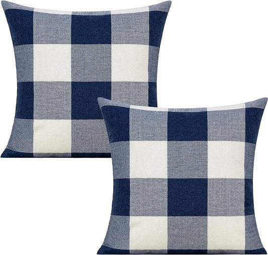 VAKADO Navy Blue White Outdoor Buffalo Plaids Throw Pillow Covers Farmhouse Retro Decorative Dark Blue Check Cushion Cases Home Decor for Patio Couch Porch Sofa Furniture 26x26 Set of 2