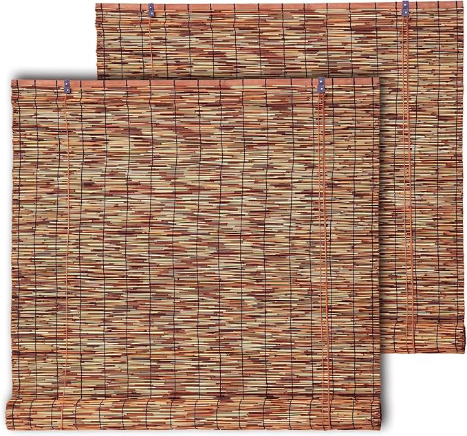 Reed Roller Shades,2 Pcs 48" W x 72" H Waterproof Privacy Screen Bamboo Outdoor Blind, Reed Curtain for Porch, Patio, Yard, Windows (Brown)
