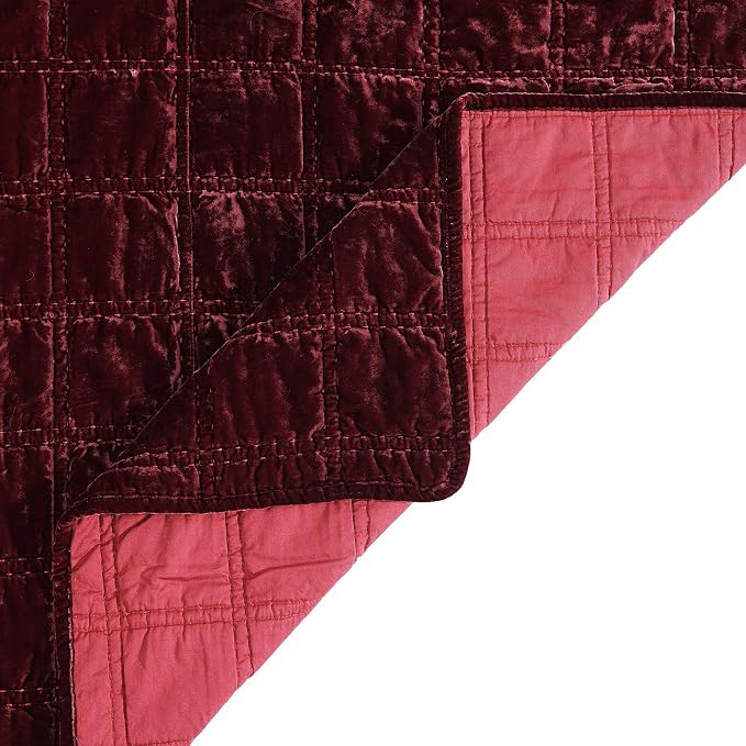 HiEnd Accent Stella Faux Silk Velvet Double Box Stitch 3 Piece Quilt Set, King Size, Garnet Red Solid Color, Classic Chic Modern Rustic Elegant Bedding Set, Lightweight Bed Set