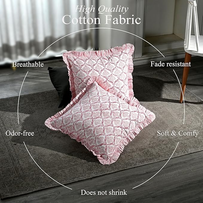 CPC Blush Rose Hand Block Print 100% Cotton Ruffle Throw Pillow Cover 20x20 inch with Hidden Zipper Decorative for Couch, Bed, Sofa, Farmhouse, Cottagecore Decor Gift Christmas Fall Thanksgiving