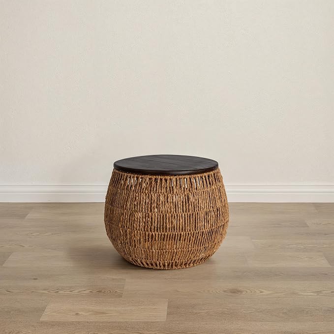 Bloomingville Hand-Woven Seagrass and Pine Wood Round Side Table, Natural