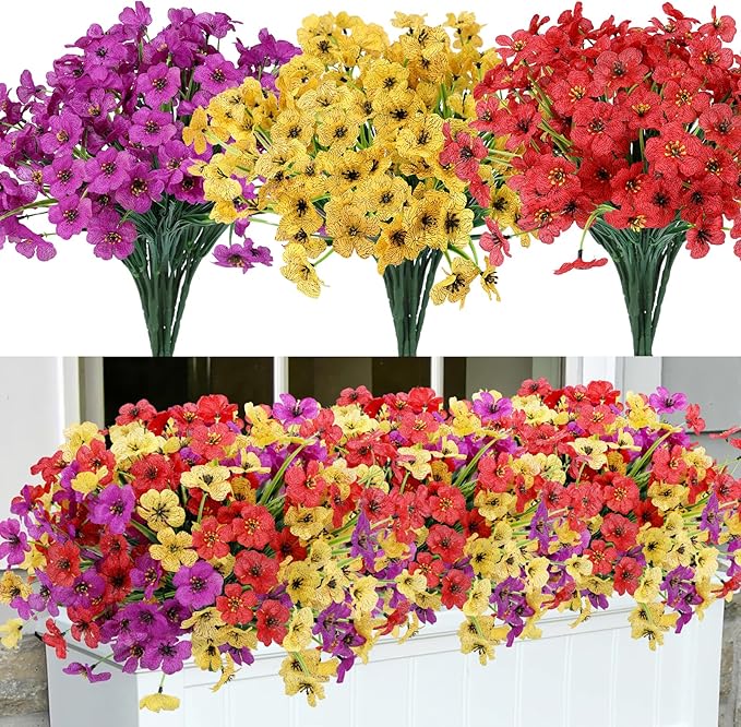 Geegoods Artificial Mums Flowers for Outdoors, 12 Bundles UV Resistant Fake Plastic Colorful Mix Flowers for Patio Porch Spring Summer Decor