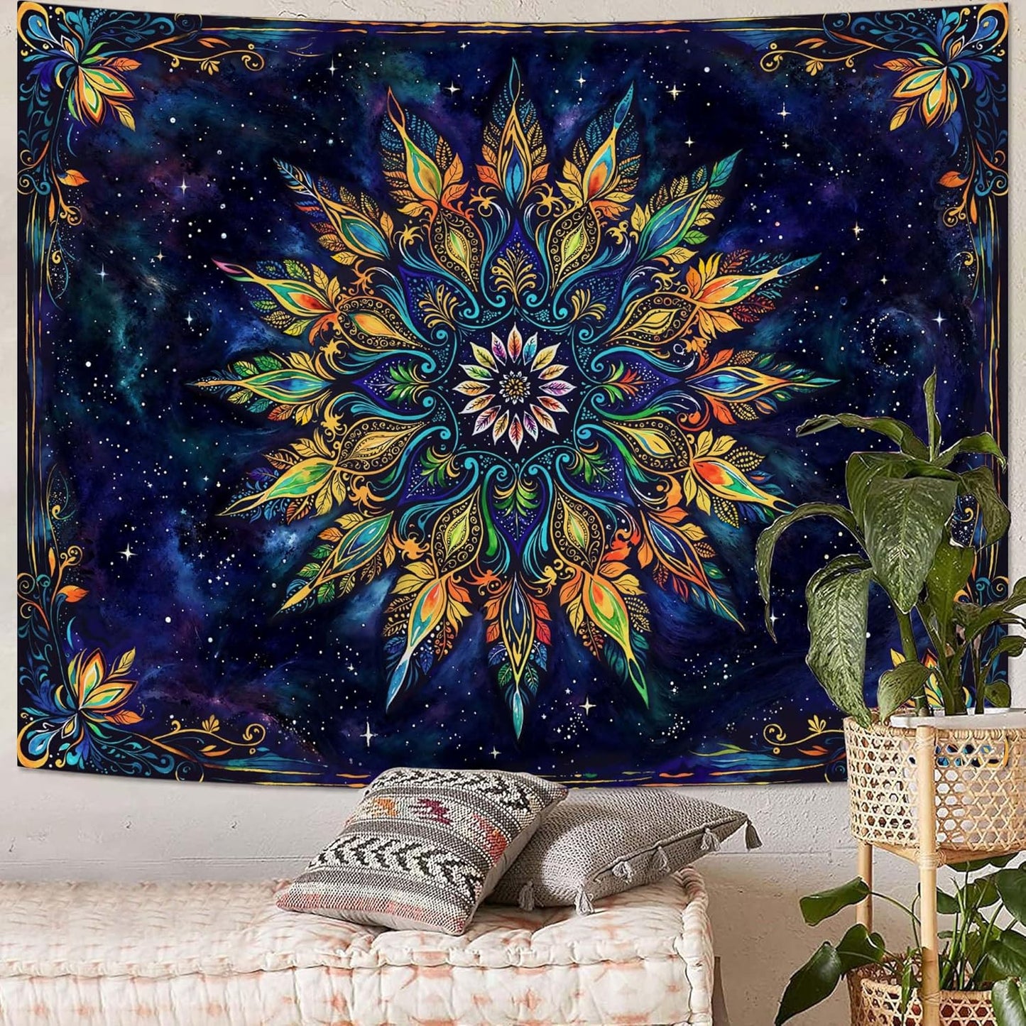 Fowocu Boho Floral Mandala Tapestry for Bedroom Aesthetic Blue Bohemian Colorful Flower Wall Tapestry Purple Hippie Indian Small Tapestries Wall Hanging for Living Room Dorm Decor 48 x 36 Inch