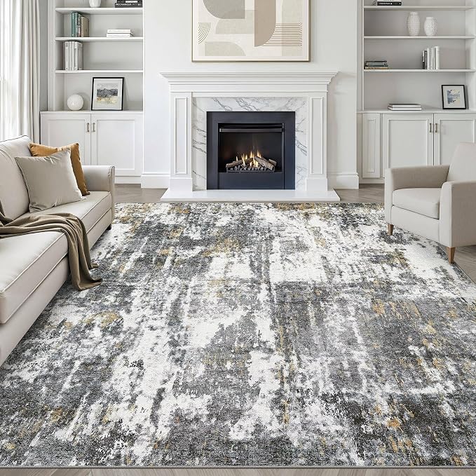 7x9 Area Rug Living Room: Washable Large Neutral Rug Abstract Soft Modern Stain Resistant Indoor Floor Non-Slip Carpet for Bedroom Nursery Kids Office Playroom Dining Room- Black White Gold