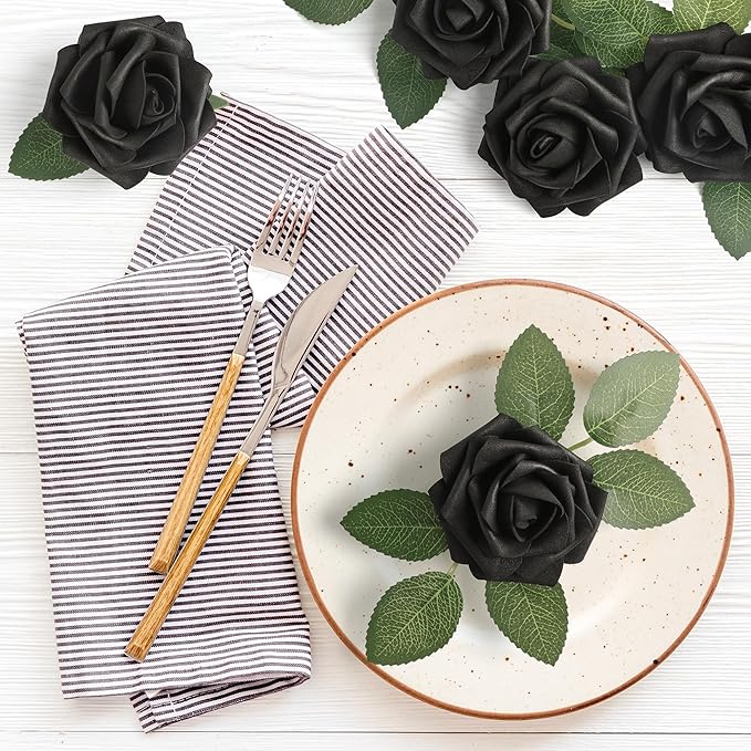 Mocoosy 50Pcs Black Roses Artificial Flowers, Fake Roses for Decorations, Real Touch Foam Rose Bulk with Stem Gothic Wedding Bouquet DIY Floral Arrangement Bridal Shower Mother's Day Party Table Decor