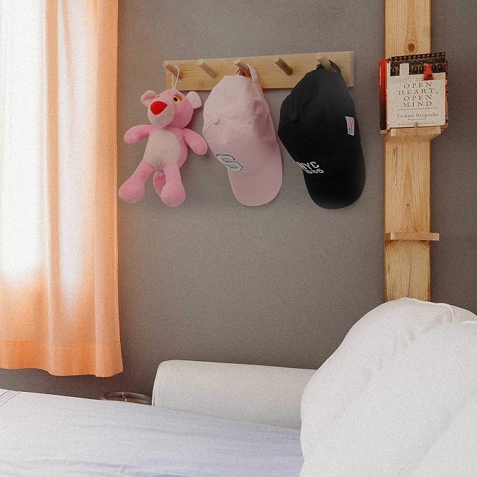 WEBI Coat Rack Wall Mounted,16" Hole to Hole,Coat Hanger Wall Mount with 5 Hooks for Hanging Coats,Hook Rack Peg Rail for Hats,Jacket,Clothes,Towels,Natural,2 Packs