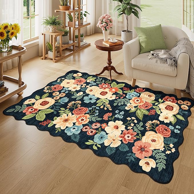 DUKINO 3x5 Area Rug, Floral Non-Slip Indoor Washable Rug with Low Pile & Non-Shedding, Lightwight Boho Design Carpet for Entryway, Bedroom, Kids Room, Living Room, Kitchen, Navy Blue